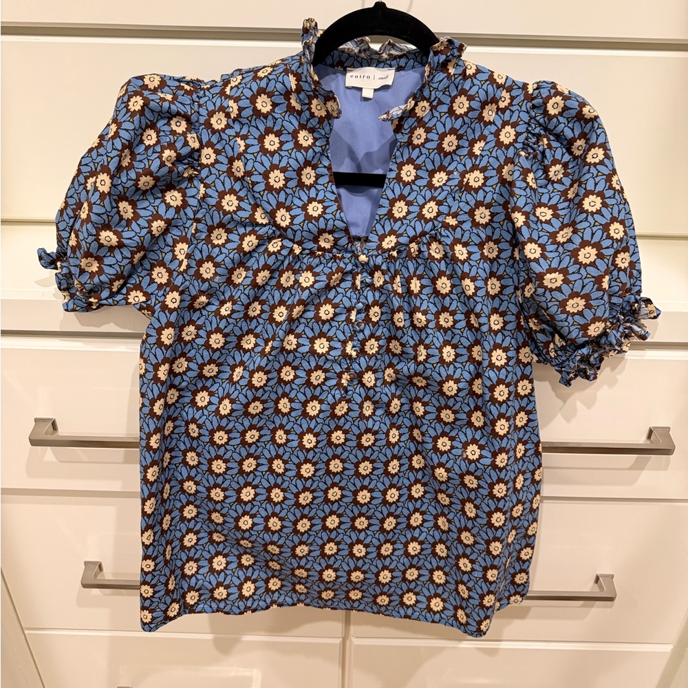 Entro Blue and Brown Floral Puff Sleeve Blouse